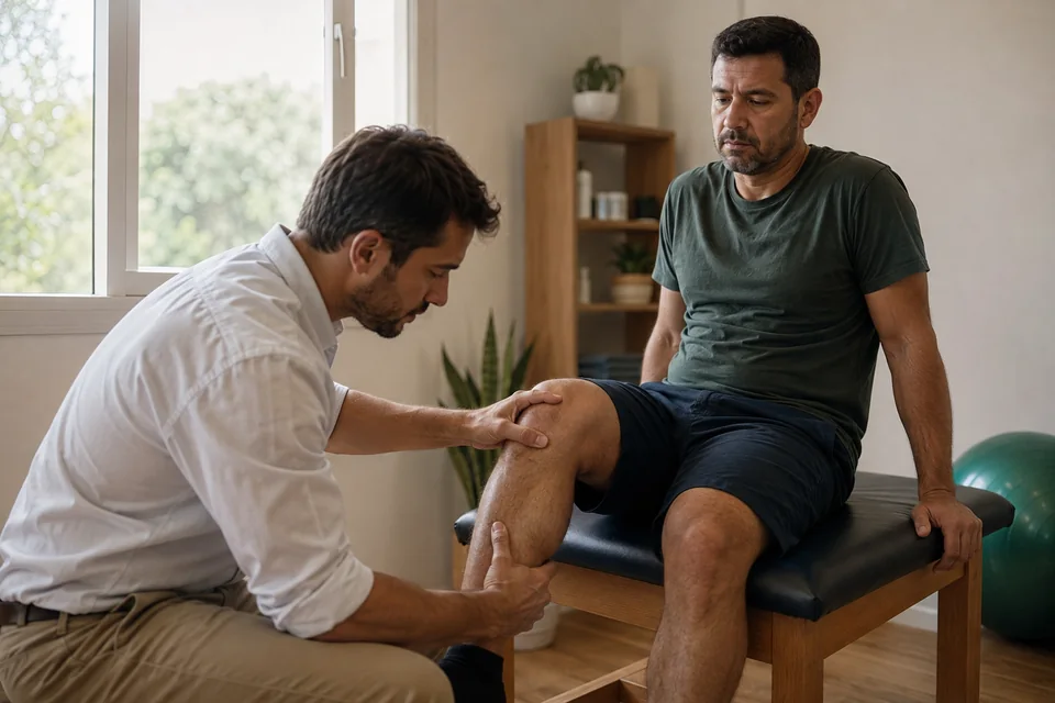 Profesional de salud evaluando la movilidad de la rodilla de un trabajador
